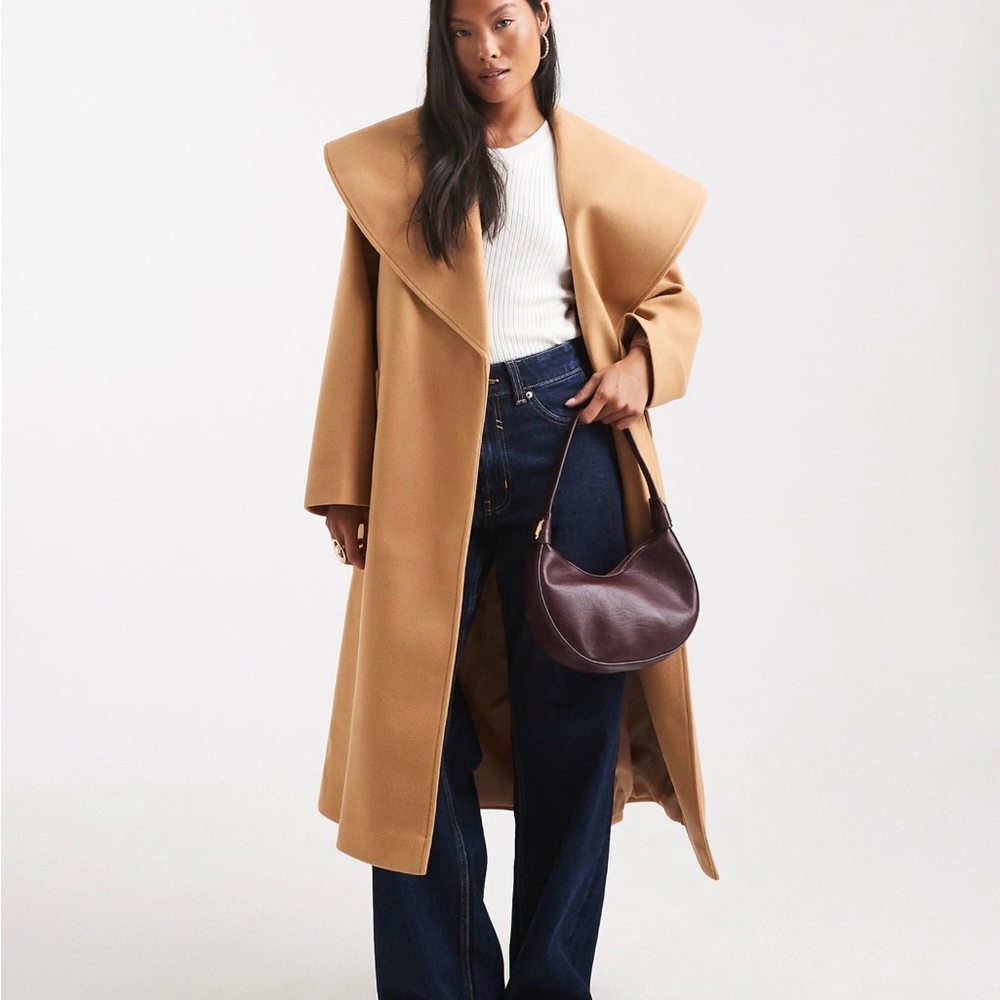 Miss Selfridge Petite formal wrap coat in camel